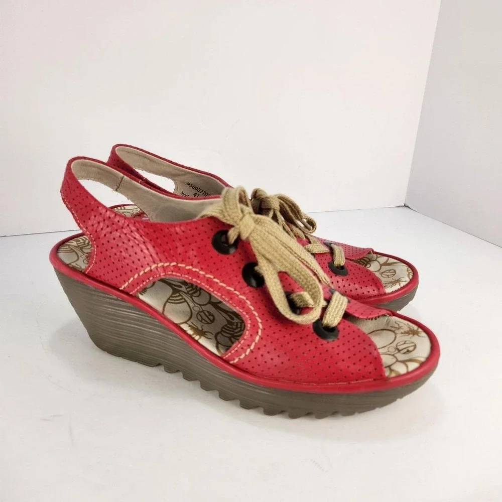 FLY London YLVA Women's 41 US 10 Red Leather Perforated Lace Up Wedge Sandals